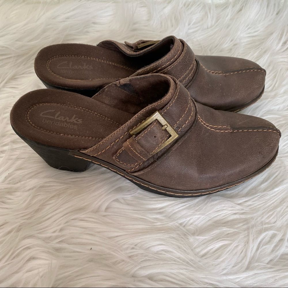 NEW Clarks Bendables leather slip on heels clogs brown 7